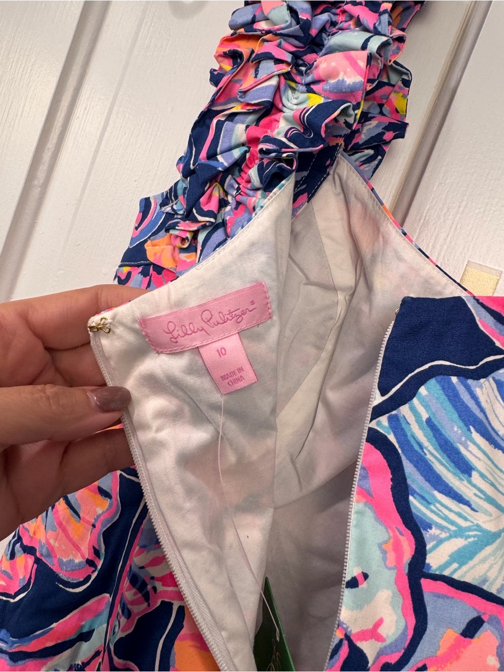 Vibrant Floral Ruffle Strap Dress - Navy & Neon Pink - Picture 3 of 4